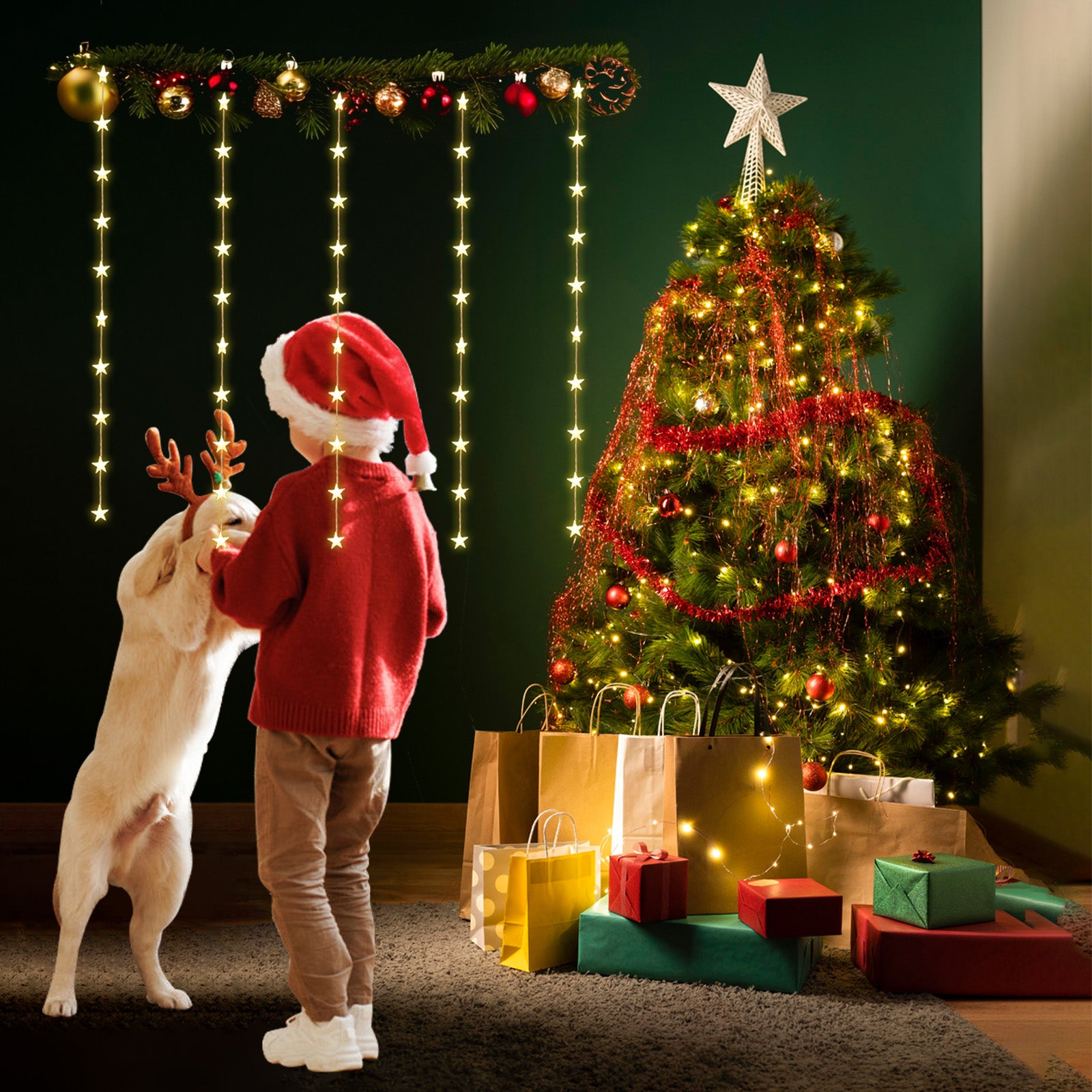 SALCAR LED Lichtervorhang Sterne 2×1m, 50 LEDs, Warmweiß, 8 Modi, USB, Timer & Memory, Dimmbar mit Fernbedienung, Weihnachtsbeleuchtung Fenster Deko für Innen