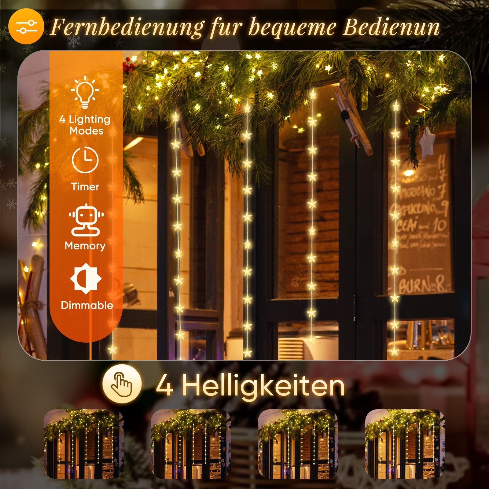 SALCAR LED Lichtervorhang Sterne 2×1m, 50 LEDs, Warmweiß, 8 Modi, USB, Timer & Memory, Dimmbar mit Fernbedienung, Weihnachtsbeleuchtung Fenster Deko für Innen