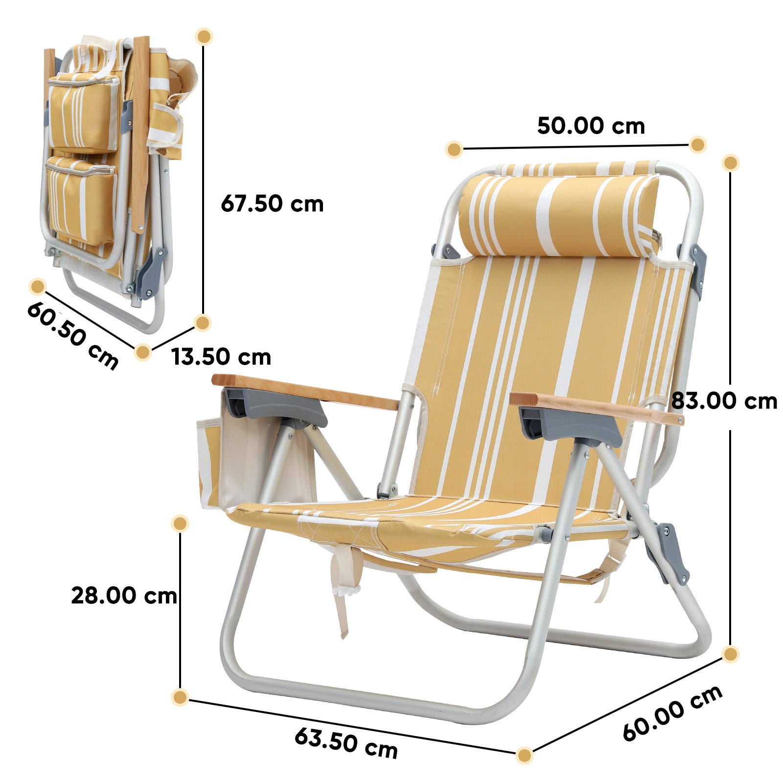 Faltbarer Aluminium-Strandstuhl mit verstellbarer Rückenlehne & Teakholz-Armlehnen – mit Kühltasche & Zubehör