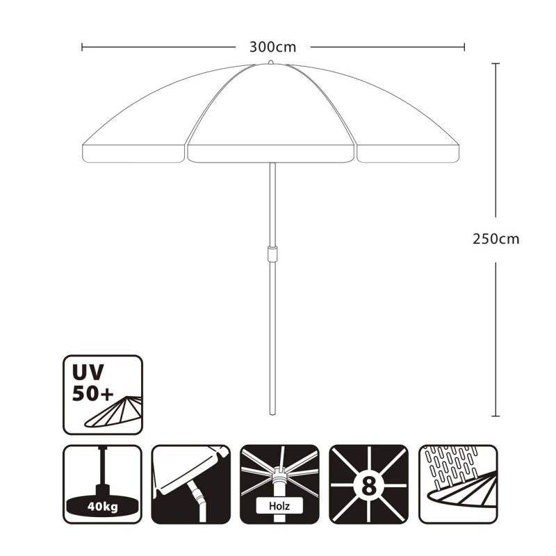 Sekey 300 cm Holz Sonnenschirm mit Volant, Sonnenschutz UV50+