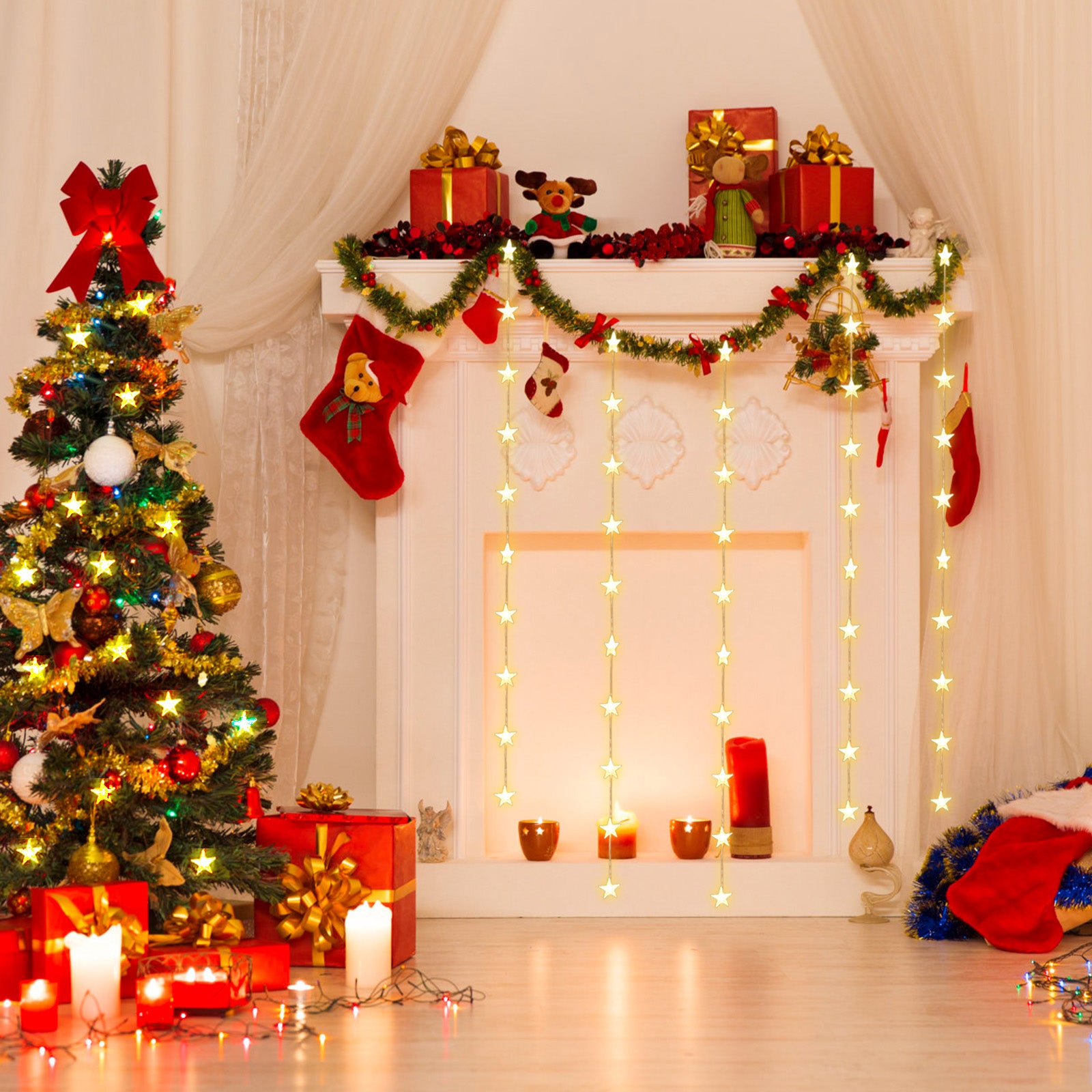 SALCAR LED Lichtervorhang Sterne 2×1m, 50 LEDs, Warmweiß, 8 Modi, USB, Timer & Memory, Dimmbar mit Fernbedienung, Weihnachtsbeleuchtung Fenster Deko für Innen