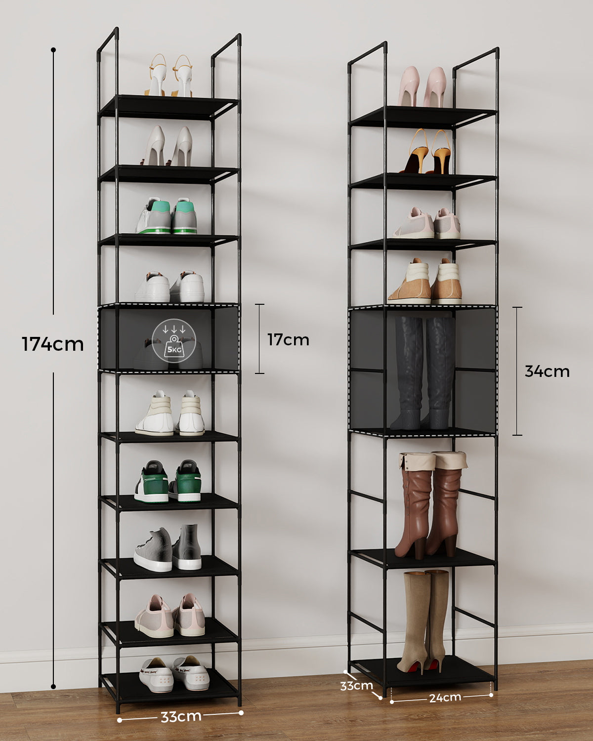 Sekey Schuhregal mit 10 Ebenen – Schmal, stabil & platzsparend, Metallgestell mit Vliesstoffablagen, ideal für Flur & kleine Räume