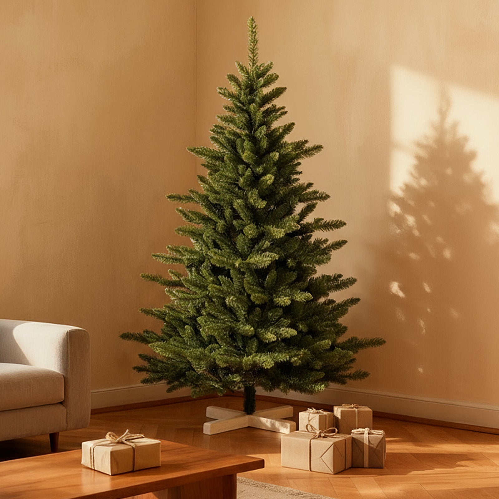 SALCAR Künstlicher Weihnachtsbaum 180 cm / 210 cm – Realistischer PVC Tannenbaum mit Holzständer für Innen & Außen