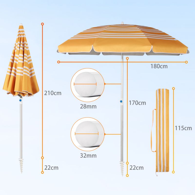 Sekey ∅ 180 cm beach umbrella with protective cover and ground sleeve, sun protection UV50+