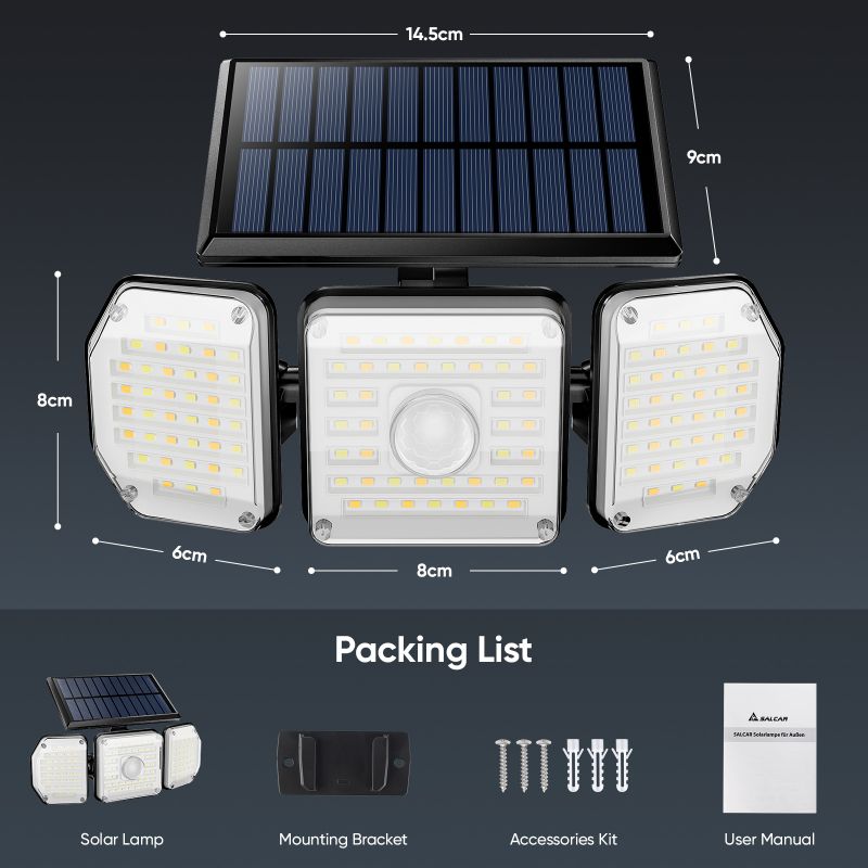 Salcar LED Solarleuchte mit Bewegungsmelder, 122 LEDs, mit 1600 mAh Akku