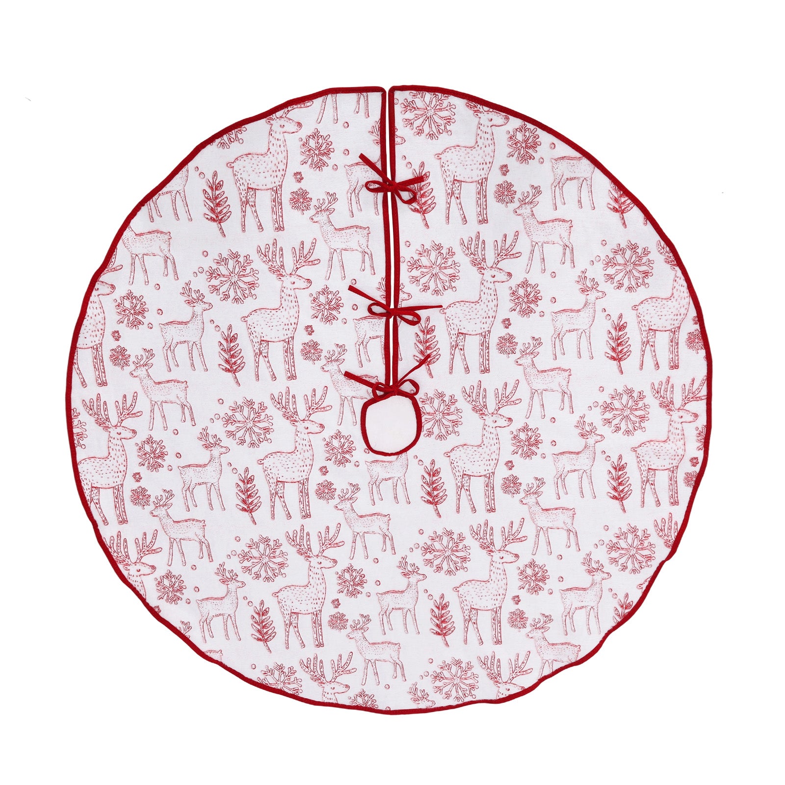 Salcar Beidseitig bestickte Weihnachtsbaumdecke in Rot und Weiß – Doppelseitiger Christbaumrock mit Rentier- & Schneeflockenmotiv