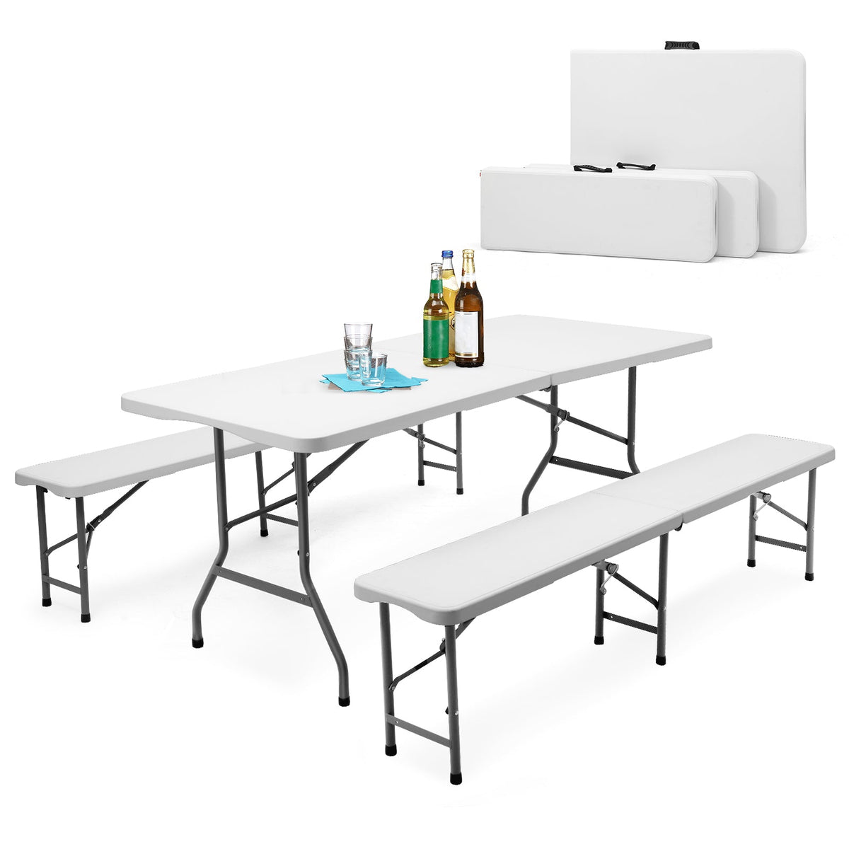 Sekey 3-tlg. Bierzeltgarnitur 180 cm – Klappbares Gartenmöbel-Set mit Tisch & 2 Bänken, Wetterfest & Tragbar für Garten, Balkon & Camping Sekey