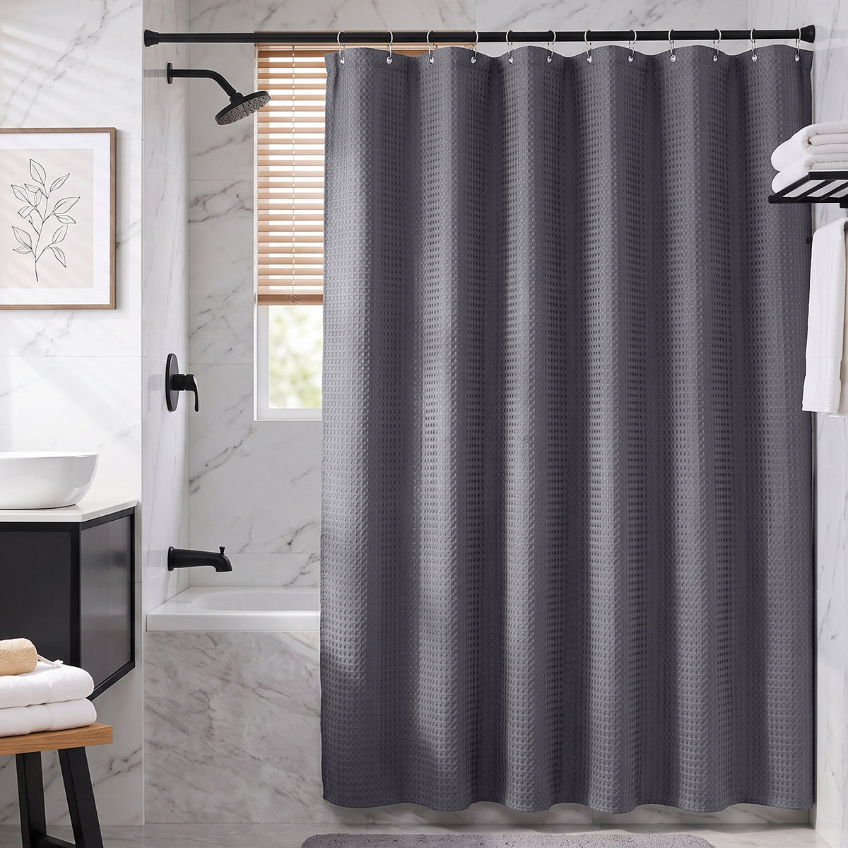 Sekey Dunkelgrau Duschvorhang 180 × 200 cm, Textil Badewannenvorhang mit Waffelstruktur, Wasserabweisend & Waschbar, 100 % Polyester, mit Beschwerungsband & 12 Edelstahlringen