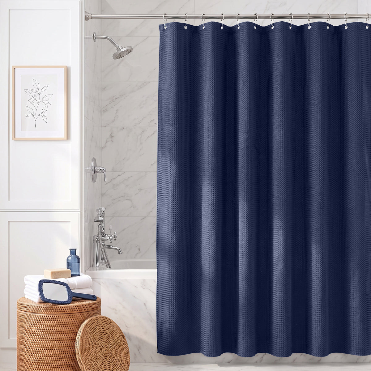 Sekey Dunkelblau Duschvorhang 180 × 200 cm, Textil Badewannenvorhang mit Waffelstruktur, Wasserabweisend & Waschbar, 100 % Polyester, mit Beschwerungsband & 12 Edelstahlringen