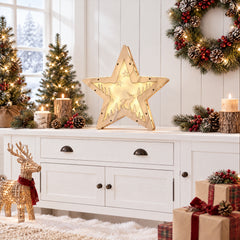 Salcar LED Weihnachtsstern aus Holz – 30 cm, 10 LEDs, Warmweiß, Glitzereffekt, Batteriebetrieb