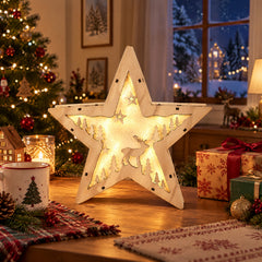 Salcar LED Weihnachtsstern aus Holz – 30 cm, 10 LEDs, Warmweiß, Glitzereffekt, Batteriebetrieb