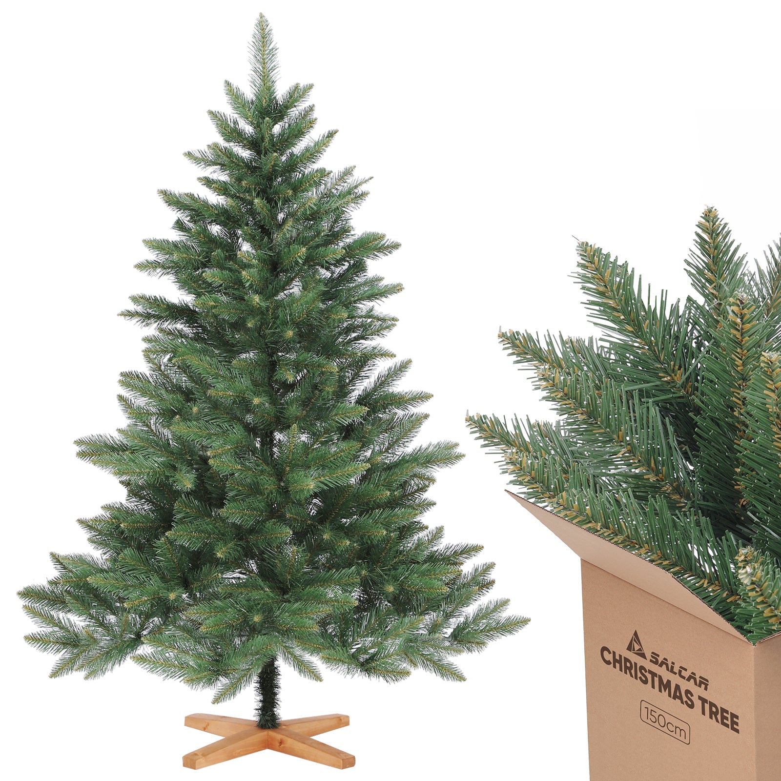 SALCAR Künstlicher Weihnachtsbaum mit Holzständer, 150/180/210 cm, Realistischer PVC Christbaum, Pflegeleicht & Hochwertige Weihnachtsdekoration für Innenräume