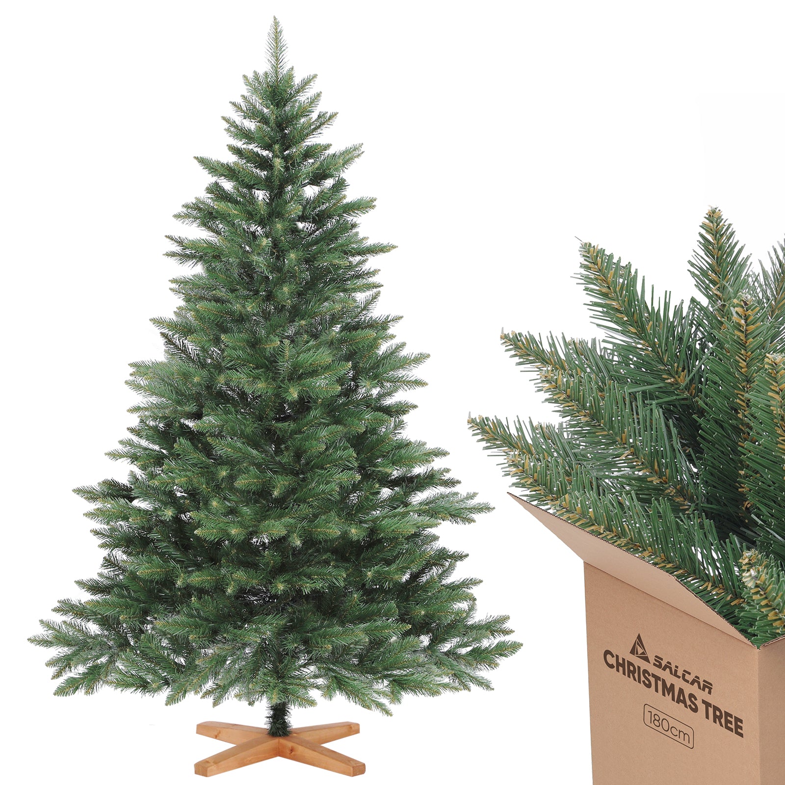 SALCAR Künstlicher Weihnachtsbaum mit Holzständer, 150/180/210 cm, Realistischer PVC Christbaum, Pflegeleicht & Hochwertige Weihnachtsdekoration für Innenräume