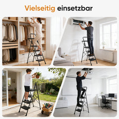 Sekey Trittleiter 4 Stufen klappbar mit Handlauf & Werkzeugablage – rutschfest, stabile Stahlkonstruktion, bis 150 kg belastbar