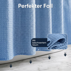 Sekey Blau Duschvorhang 180 × 200 cm, Textil Badewannenvorhang mit Waffelstruktur, Wasserabweisend & Waschbar, 100 % Polyester, mit Beschwerungsband & 12 Edelstahlringen