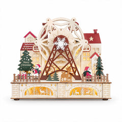 Salcar LED Weihnachtsdorf aus Holz mit Riesenrad – 27,5 cm, 12 LEDs, Batteriebetrieben, Rot & Weiß