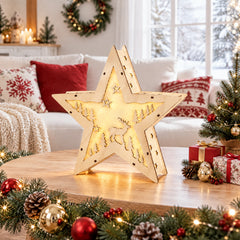 Salcar LED Weihnachtsstern aus Holz – 30 cm, 10 LEDs, Warmweiß, Glitzereffekt, Batteriebetrieb