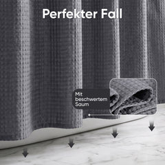 Sekey Dunkelgrau Duschvorhang 180 × 200 cm, Textil Badewannenvorhang mit Waffelstruktur, Wasserabweisend & Waschbar, 100 % Polyester, mit Beschwerungsband & 12 Edelstahlringen