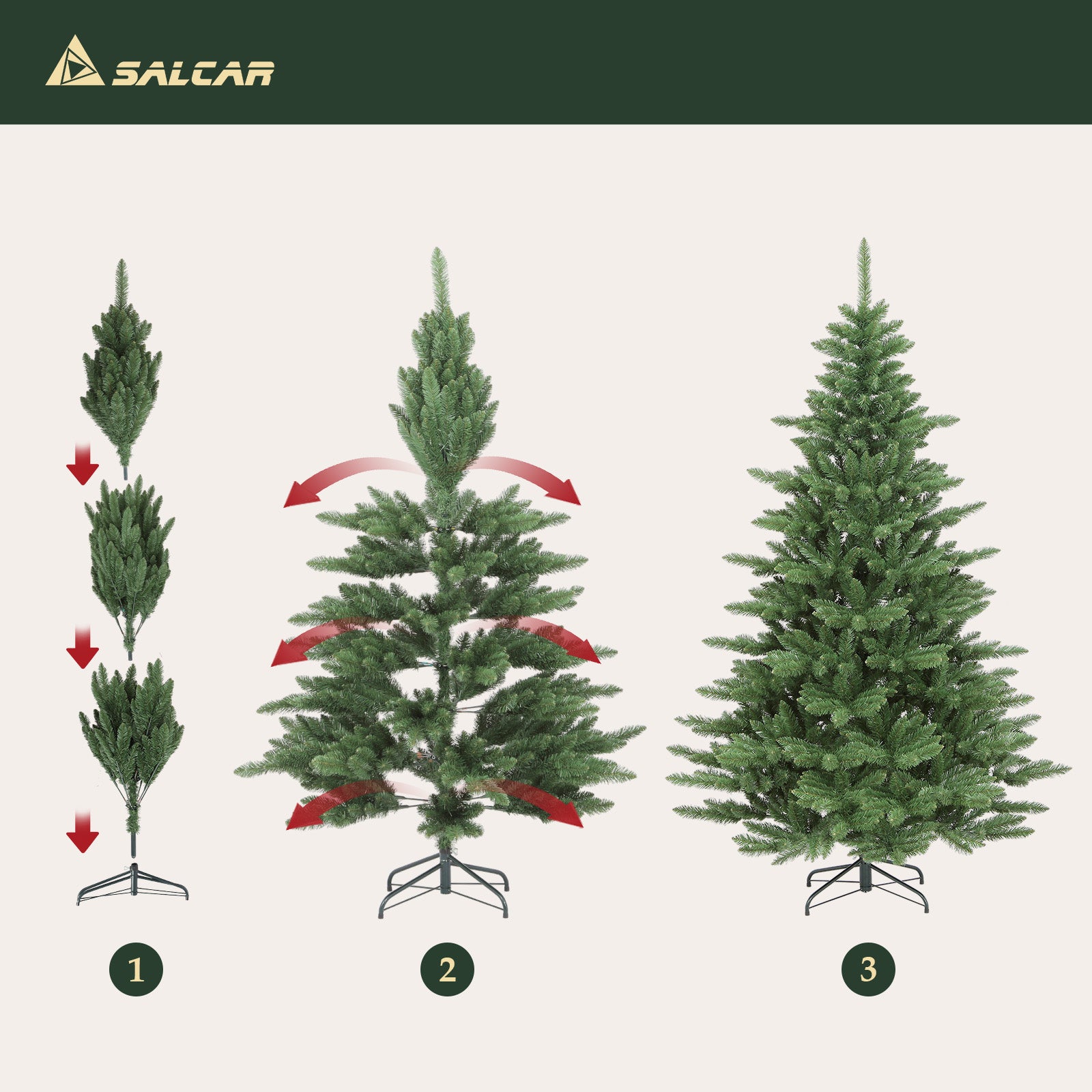 SALCAR Künstlicher Weihnachtsbaum aus 100% PVC – Naturgetreuer Tannenbaum mit dichtem Nadelkleid, stabilem Standfuß & Handschuhen – Wiederverwendbar, Sicher & Umweltfreundlich