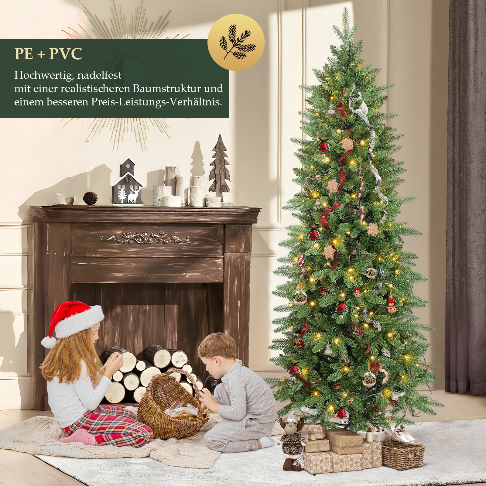 SALCAR Schmaler Kunst-Weihnachtsbaum 180 cm – Realistischer Pencil Christbaum mit warmweißen LEDs, grüner Tannenbaum aus PE & PVC