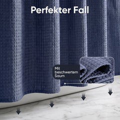 Sekey Dunkelblau Duschvorhang 180 × 200 cm, Textil Badewannenvorhang mit Waffelstruktur, Wasserabweisend & Waschbar, 100 % Polyester, mit Beschwerungsband & 12 Edelstahlringen