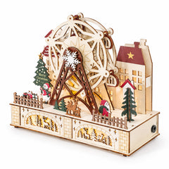 Salcar LED Weihnachtsdorf aus Holz mit Riesenrad – 27,5 cm, 12 LEDs, Batteriebetrieben, Rot & Weiß