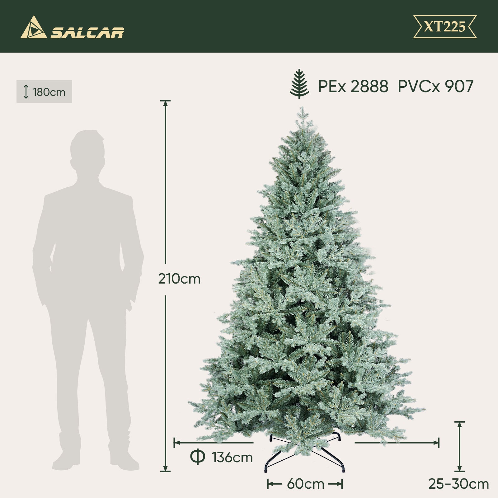 SALCAR Künstlicher Weihnachtsbaum aus PE & unsichtbaren PVC-Spitzen – Natürliche graugrüne Tanne mit Schnellaufbau-Klappsystem & stabilem Metallständer (150 cm / 180 cm / 210 cm)
