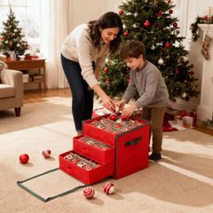 Salcar Aufbewahrungsbox für 64 Weihnachtskugeln – 4 Ebenen, Verstellbare Trennwände, Rote Faltbox 33×33×34 cm mit Sichtfenster