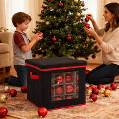 Salcar Aufbewahrungsbox Schwarz für 64 Weihnachtskugeln – Faltbare Weihnachtsdeko-Box 30,5 cm mit Fächern & flexiblen Trennwänden