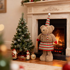 Salcar Weihnachtsfigur Plüsch-Bär 55–70 cm – Stehende Weihnachtsdeko mit verstellbaren Teleskopbeinen, Weicher Plüschbär für Kamin, Fensterbank & Wohnzimmer