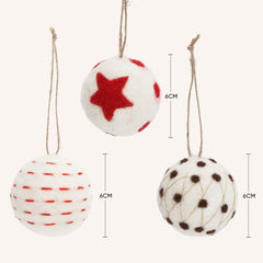 Salcar Weihnachtskugeln 6er Set – Handgefertigte Wollfilz-Kugeln 6 cm mit Juteseil, 3 Designs, Weihnachtsbaumschmuck & Festliche Deko