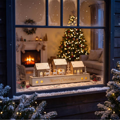 Salcar LED Schwibbogen aus Holz – 43 cm 3D Weihnachtsdorf, 8 LEDs, Batteriebetrieben, Naturholzoptik