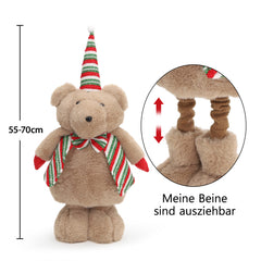 Salcar Weihnachtsfigur Plüsch-Bär 55–70 cm – Stehende Weihnachtsdeko mit verstellbaren Teleskopbeinen, Weicher Plüschbär für Kamin, Fensterbank & Wohnzimmer