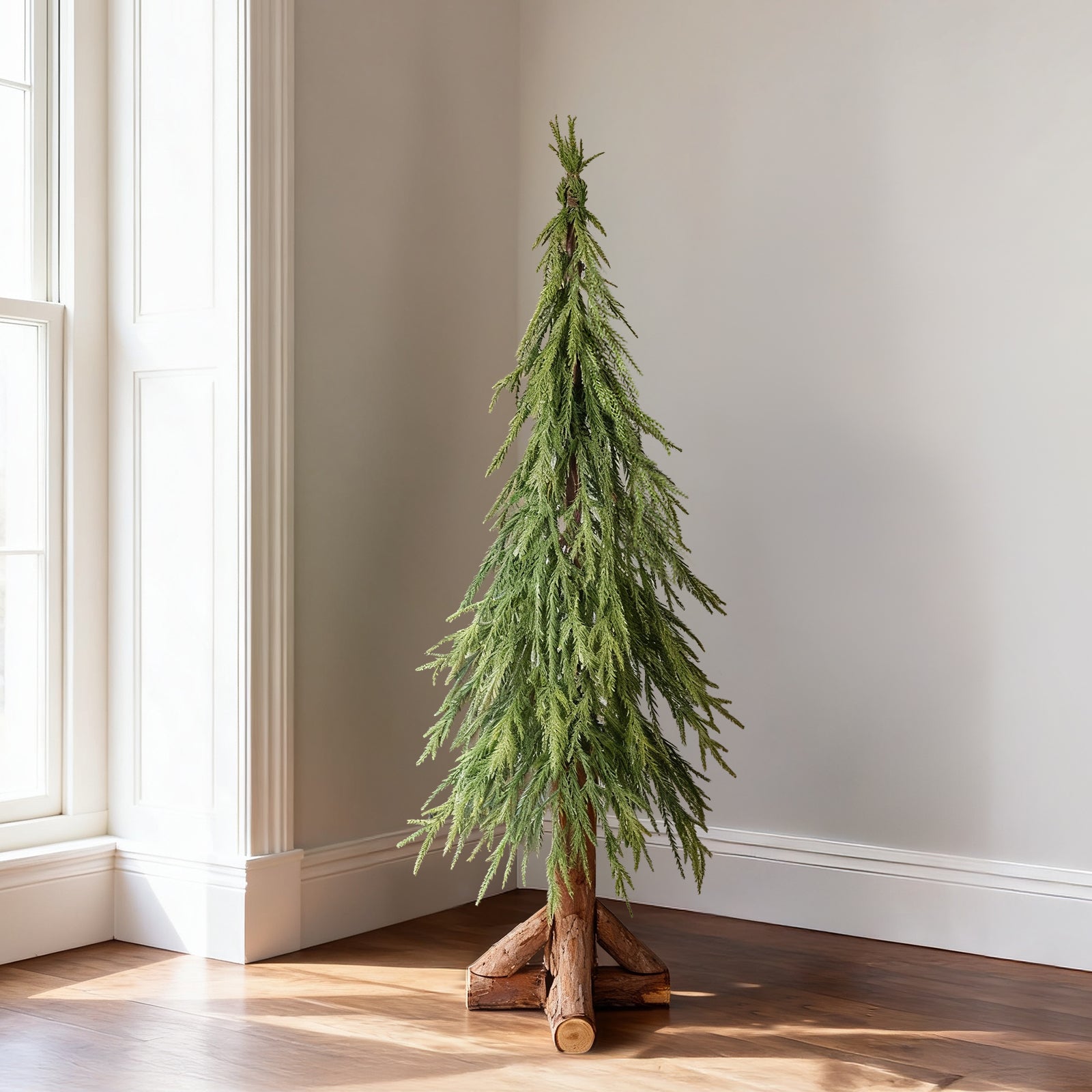 Salcar Künstlicher Weihnachtsbaum mit echtem Holzstamm – 100 % PE, zartgrün – 90 cm / 120 cm, naturgetreu & pflegeleicht