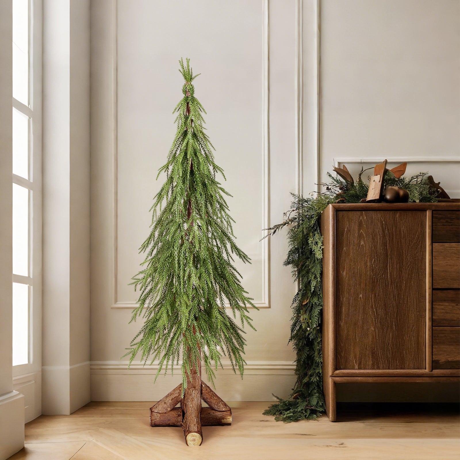 Salcar Künstlicher Weihnachtsbaum mit echtem Holzstamm – 100 % PE, zartgrün – 90 cm / 120 cm, naturgetreu & pflegeleicht