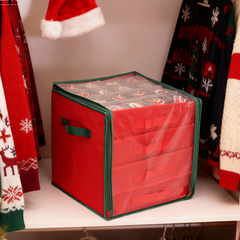 Salcar Aufbewahrungsbox für 64 Weihnachtskugeln – 4 Ebenen, Verstellbare Trennwände, Rote Faltbox 33×33×34 cm mit Sichtfenster