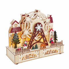 Salcar LED Weihnachtsdorf aus Holz mit Riesenrad – 27,5 cm, 12 LEDs, Batteriebetrieben, Rot & Weiß
