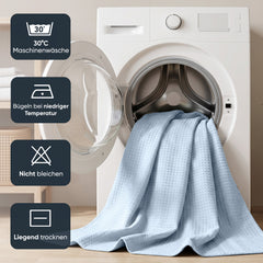 Sekey Nebelblau Duschvorhang 180 × 200 cm, Textil Badewannenvorhang mit Waffelstruktur, Wasserabweisend & Waschbar, 100 % Polyester, mit Beschwerungsband & 12 Edelstahlringen
