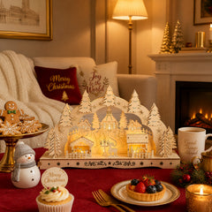 Salcar LED Schwibbogen aus Holz, 3D Weihnachtsdeko mit Fachwerkhäusern, Turm & Tannen, 10 warmweiße LEDs, batteriebetriebener Lichterbogen für Fensterbank & Sideboard