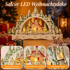 Salcar LED Schwibbogen aus Holz, 3D Weihnachtsdeko mit verschneiter Altstadt und Fachwerkhäusern, 13 warmweiße LEDs, batteriebetriebener Lichterbogen für Tisch, Fensterbank & Sideboard