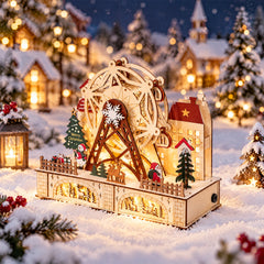 Salcar LED Weihnachtsdorf aus Holz mit Riesenrad – 27,5 cm, 12 LEDs, Batteriebetrieben, Rot & Weiß