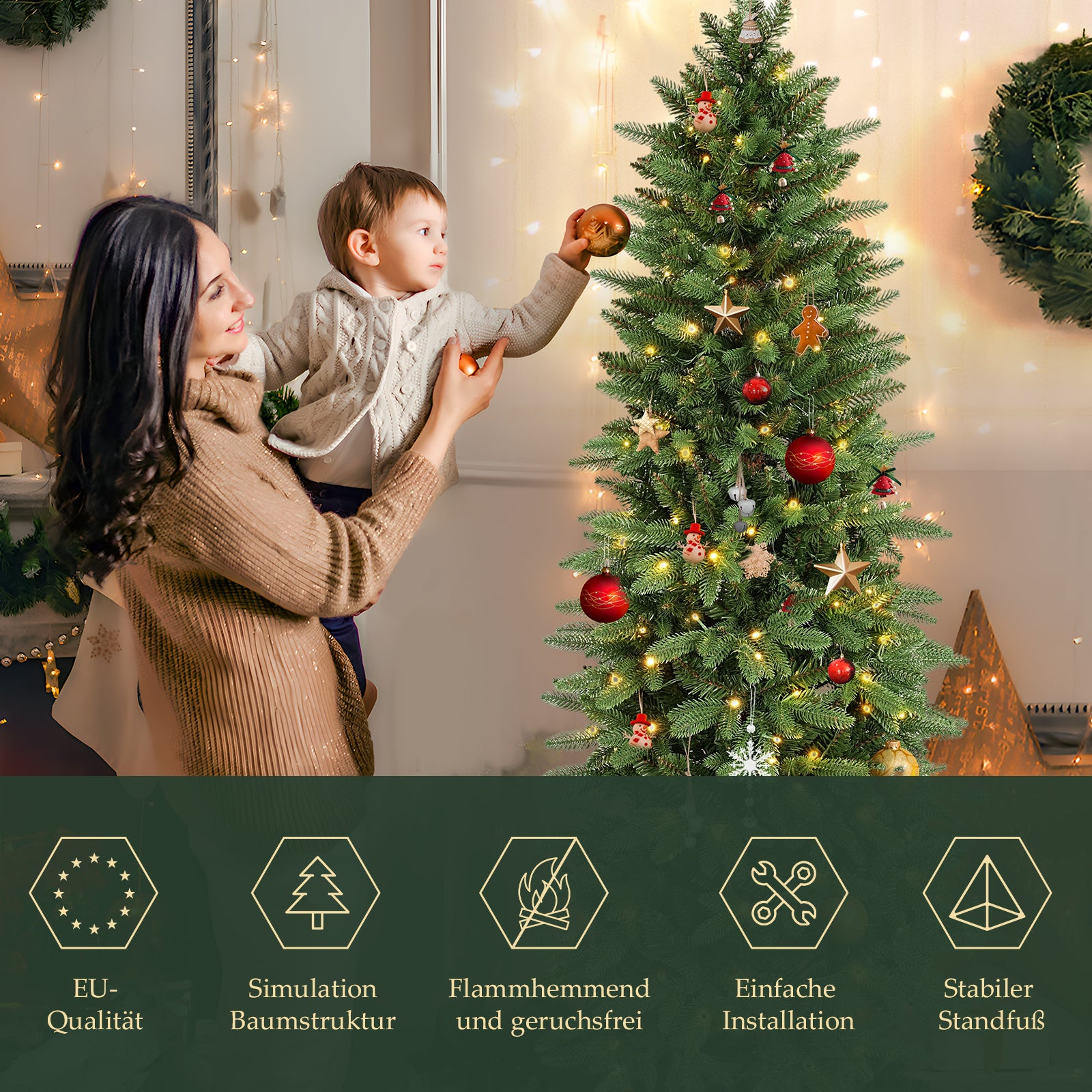 SALCAR Schmaler Kunst-Weihnachtsbaum 180 cm – Realistischer Pencil Christbaum mit warmweißen LEDs, grüner Tannenbaum aus PE & PVC