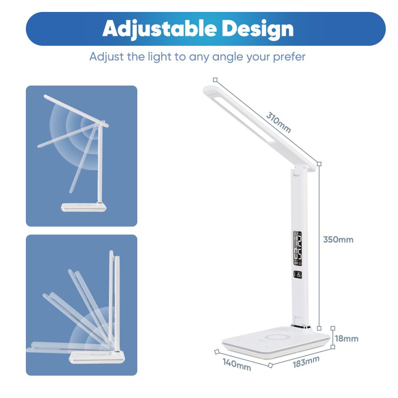 WILIT U13AQ 18W LED desk lamp, with 5 brightness levels/3 color temperatures, with 5W charging function and 10W USB charging function, with alarm clock