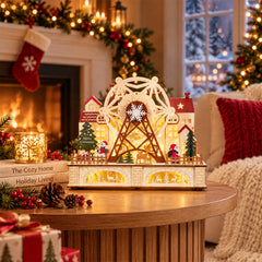 Salcar LED Weihnachtsdorf aus Holz mit Riesenrad – 27,5 cm, 12 LEDs, Batteriebetrieben, Rot & Weiß