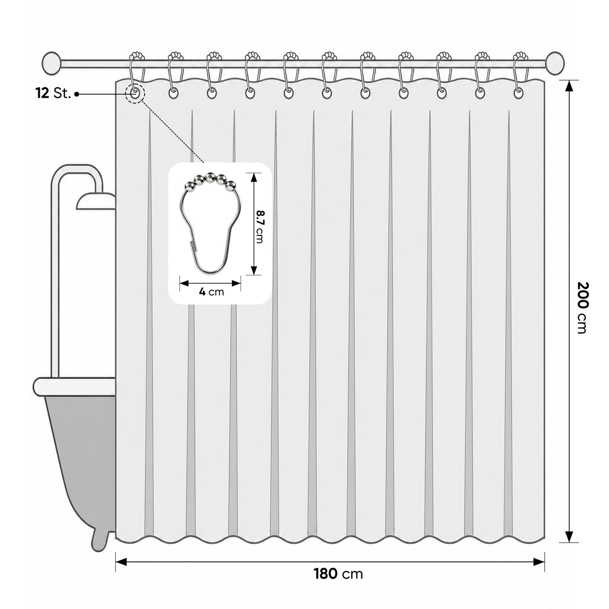 Sekey Duschvorhang, Grau, Wasserabweisender Badvorhang in Leinenoptik, 100 % Polyester, mit Beschwerungsband & 8 Duschvorhangringen, Waschbar bei 30 °C