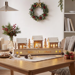 Salcar LED Schwibbogen aus Holz – 43 cm 3D Weihnachtsdorf, 8 LEDs, Batteriebetrieben, Naturholzoptik