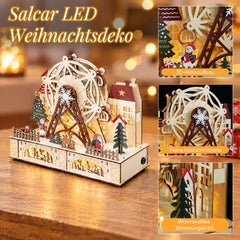 Salcar LED Weihnachtsdorf aus Holz mit Riesenrad – 27,5 cm, 12 LEDs, Batteriebetrieben, Rot & Weiß