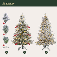 Salcar Künstlicher Weihnachtsbaum mit Schnee und LED Beleuchtung – Realistischer Tannenbaum mit Metallständer, 180 cm / 210 cm, warmweißes Licht