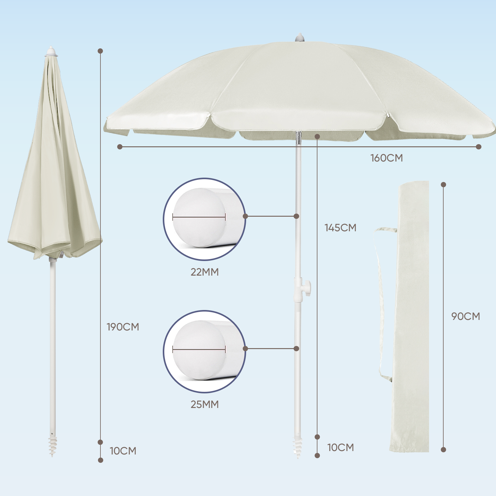 Sekey ∅ 160 cm beach umbrella with protective cover and ground sleeve, sun protection UV50+