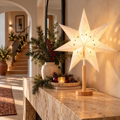 Salcar LED Paper Star with Wooden Base – Illuminated Christmas Star with 2 Lampshades, Warm White Light, Foldable &amp; Replaceable E14 Bulb